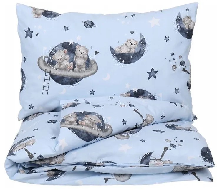 Detské bavlnené obliečky do postieľky 135x100 cm BABYMAM PREMIUM - Medvedíci vo vesmíre - modré