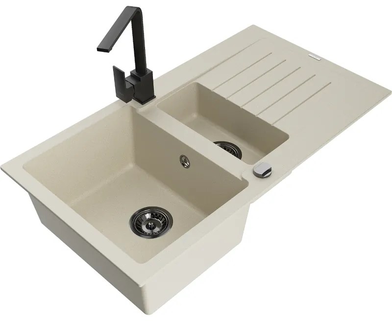 Mexen Matias, granitový drez 900x505x200 mm, 1,5-komorový a čierna batéria Rita, béžová, 6502-69-670300-70