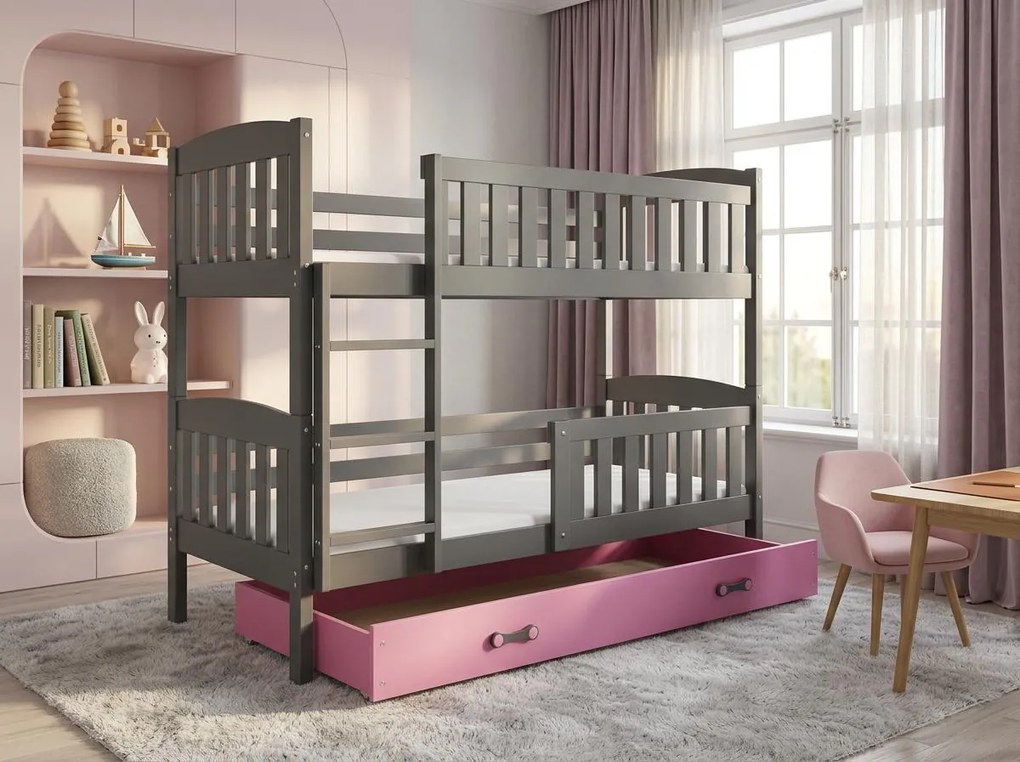 Poschodová posteľ KUBO 200x90 | grafitová - ružová