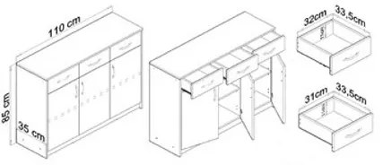 Komoda JULIA K13D3 Biela/dub sonoma