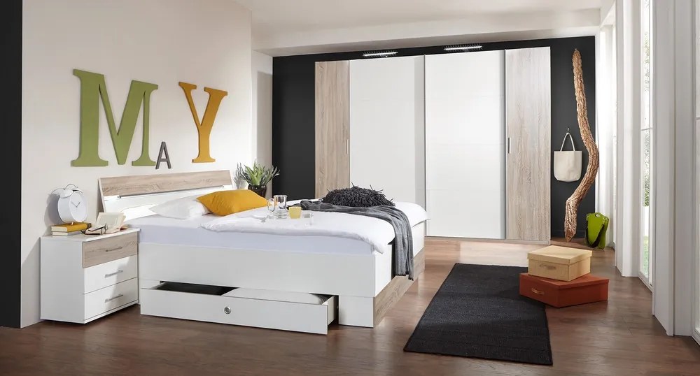 Posteľ s nočnými stolíkmi Cheep 180x200 cm, biela/dub sonoma