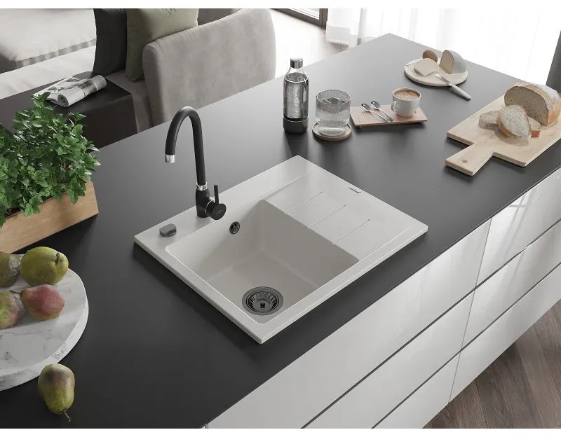 Mexen Ben, 1-komorový granitový drez 600x500x190 mm, ľavý + čierny sifón, biela, 6522605000-20-B