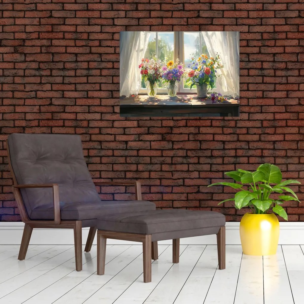Sklenený obraz - Kytica pri okne (70x50 cm)