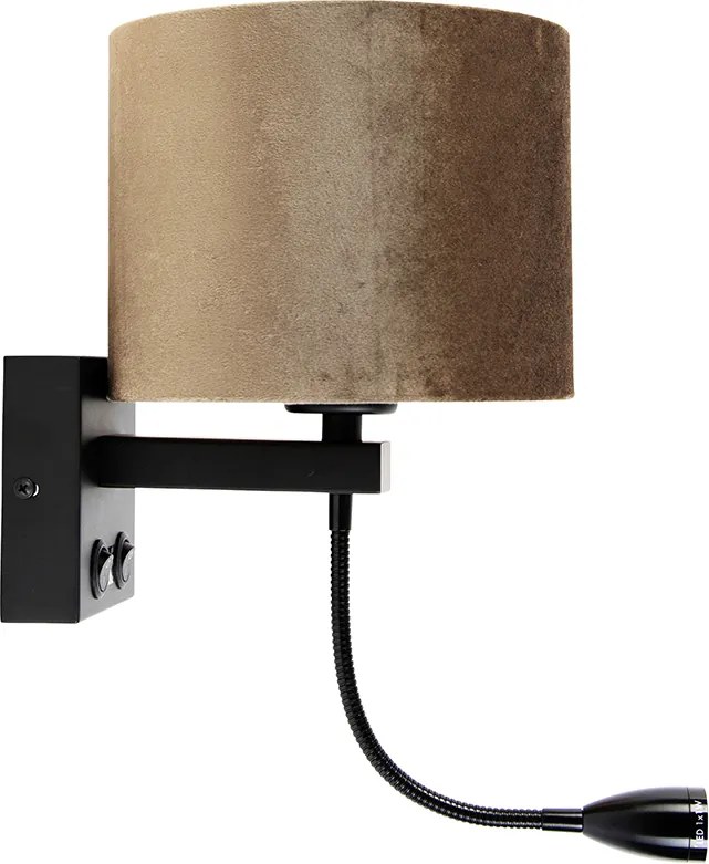 Nástenná lampa čierna s hnedým zamatovým tienidlom 18 cm - Brescia