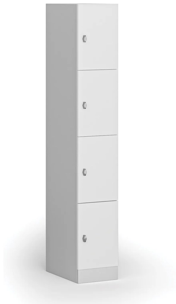 Šatníková skrinka s úložnými boxmi, 4 boxy, 1850 x 300 x 500 mm, otočný zámok, laminované dvere, biela