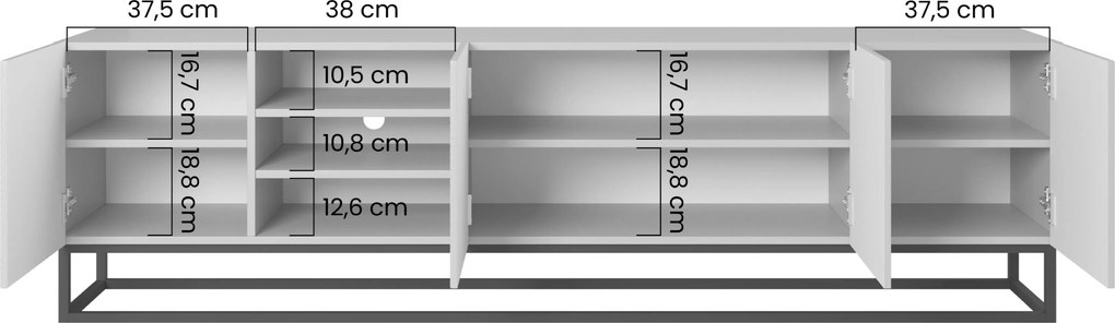 RTV skrinka Asha 200 cm ryhovaná na kovovom ráme - čierny mat