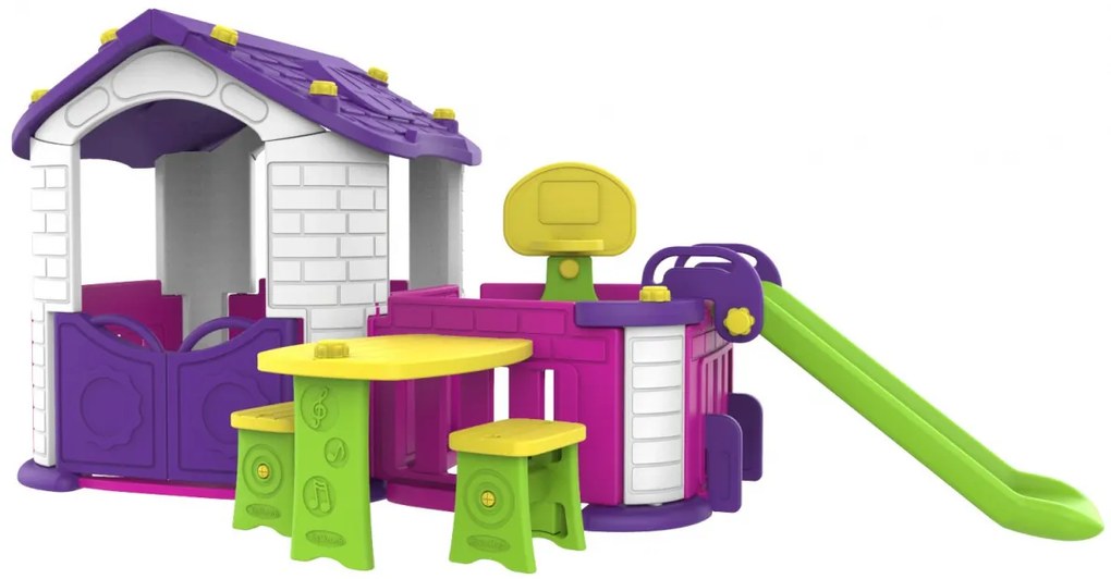 RAMIZ Fialový záhradný domček so šmykľavkou, basketbalom a záhradou so stolom ZOG.CHD-356