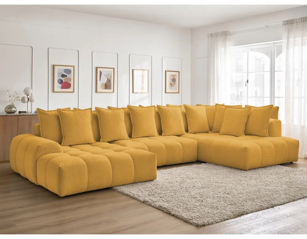 Ženilková rozkladacia/s úložným priestorom rohová pohovka v horčicovej farbe (pravý roh/do tvaru "U") Everest – Bobochic Paris