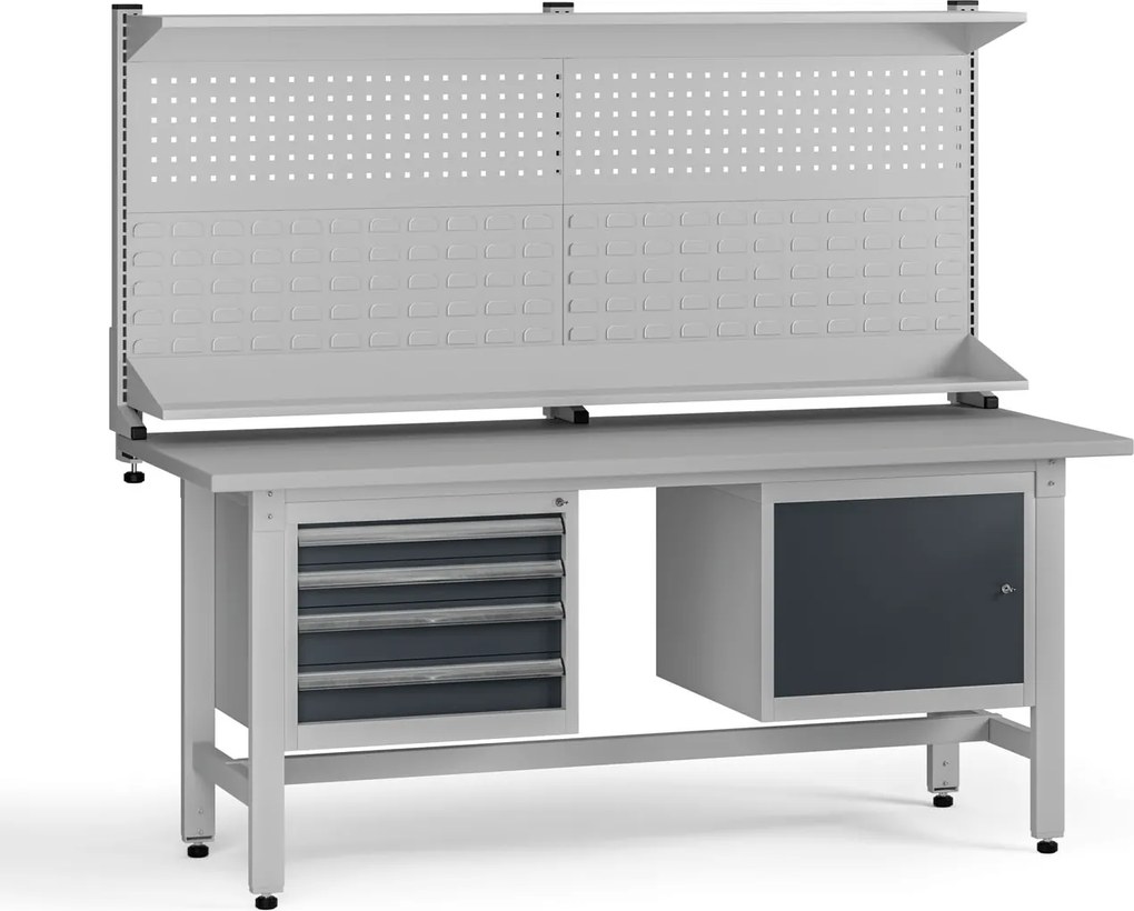 Výškovo nastaviteľný dielenský stôl G5 s nadstavbou, 1800 x 750 x 800-1000 mm, 1x skrinka, 4 zásuvky, grafit