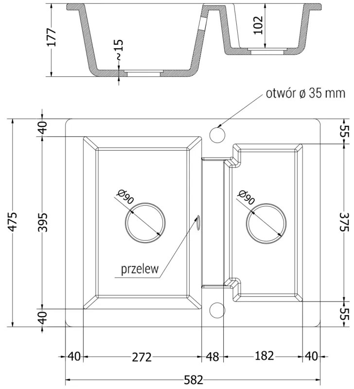 Mexen Carlos, 1,5-komorový granitový drez 582x475x177 mm a drezová batéria Elia, šedá, 6518-71-670101-70-B