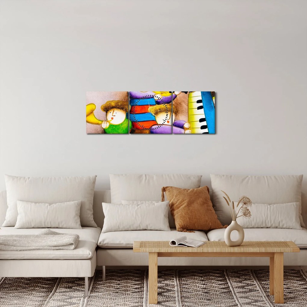 Obraz - Hudobníci, maľba (s hodinami) (90x30 cm)