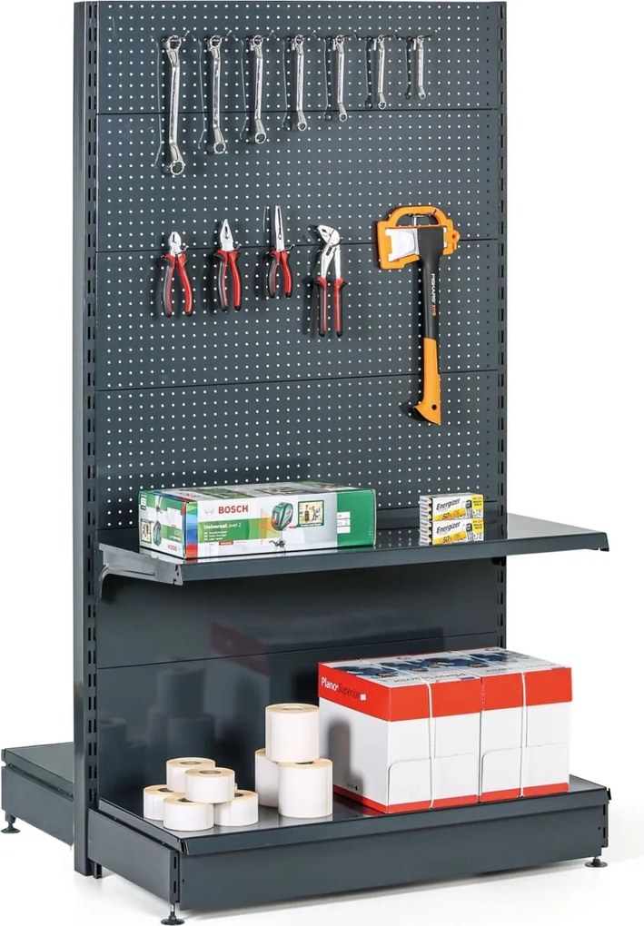 Predajný regál obojstranný, perfo steny, 1900 x 1000 x 900 mm, základný, antracit