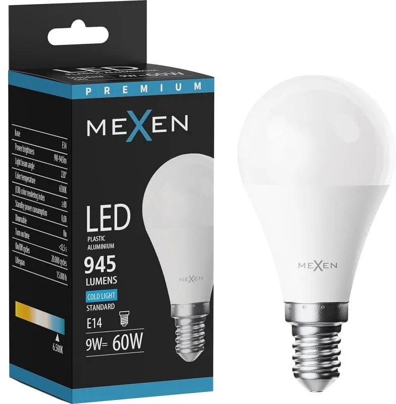 Mexen Nova, LED žiarovka E14, G45, 9W, studená - 6500K, 945 lm - L101-E14-0965-01