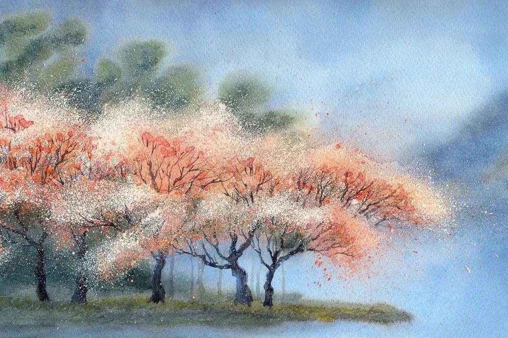 Samolepiaca tapeta akvarelové kvitnúce stromy - 300x200
