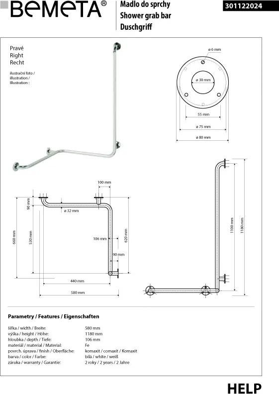 Bemeta Design HELP: Madlo, v tvare L, rohové, pravé, bez krytky, biela - 301122024