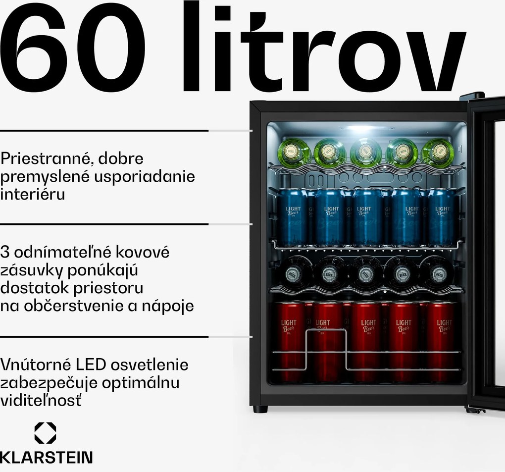 Klarstein Beersafe chladič nápojov so sklom | 64 x 48 cm | LED vnútorné osvetlenie | Strieborná/čierna