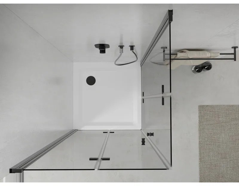 Mexen Lima Duo, sprchovací kút s 2-krídlovými skladacími dverami 80 (dvere) x 80 (dvere) cm, 6mm číre sklo, čierny profil + slim sprchová vanička 5cm biela s čiernym sifónom, 856-080-080-70-02-4010B