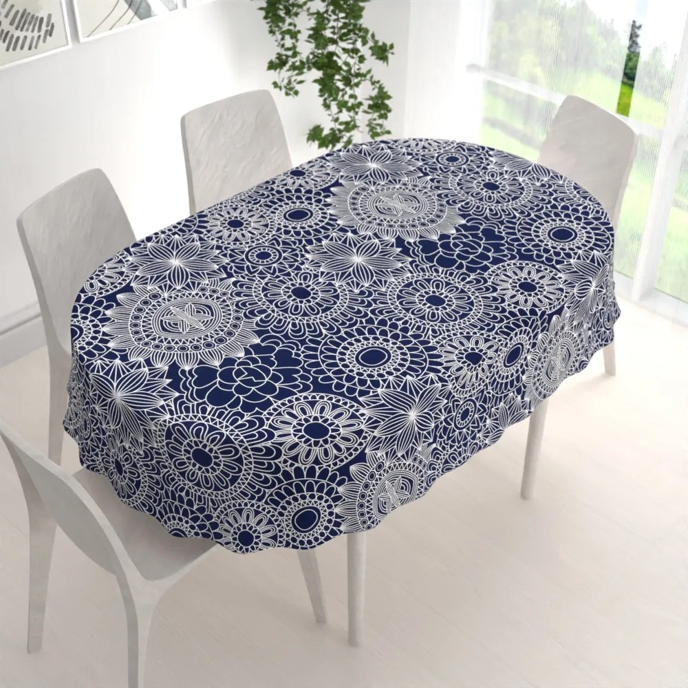 Biante Bavlnený oválny obrus Sandra SA-273 Biele mandaly na tmavo modrom 100x160 cm