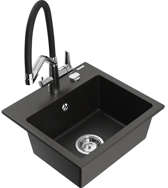 Mexen Milo, granitový drez 435x410x171 mm, 1-komorový a drezová batéria Duo, čierna-zlatá metalíza, 6505-75-671701-07