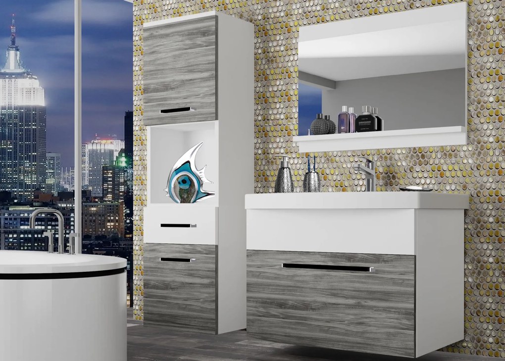 Kúpeľňový nábytok Belini šedý antracit Glamour Wood / biely mat + umývadlo + zrkadlo  ROD M 3/0/W/GWW/0/ZW