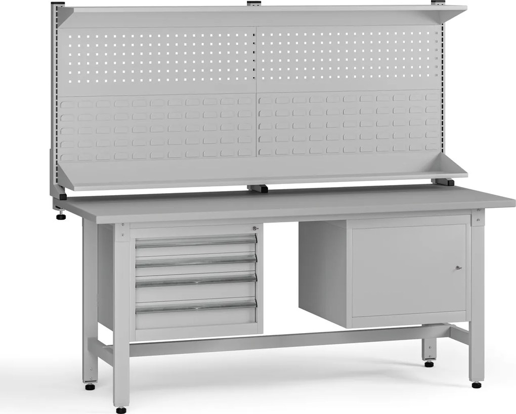 Výškovo nastaviteľný dielenský stôl G5 s nadstavbou, 1800 x 750 x 800-1000 mm, 1x skrinka, 4 zásuvky, sivá