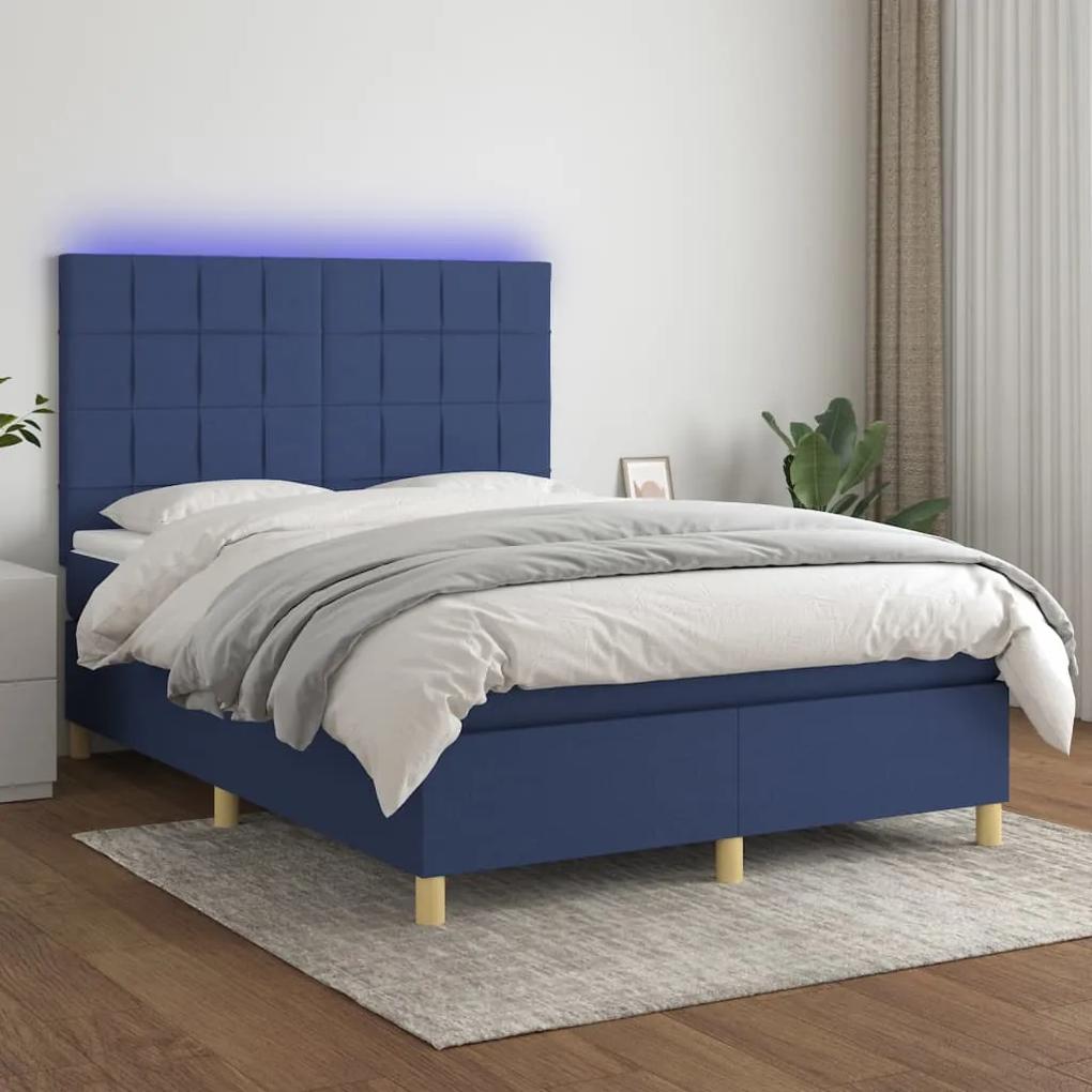 Posteľ boxsping s matracom a LED modrá 140x190 cm látka 3135435