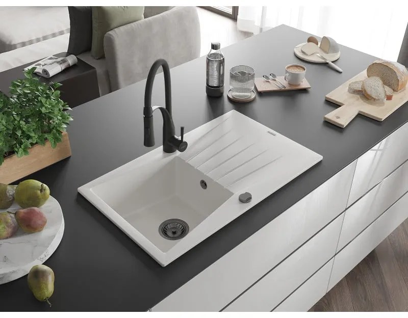 Mexen Cesar, 1-komorový granitový drez 775x470x190 mm a drezová batéria Aster, biela, 6514-20-73450-70-B