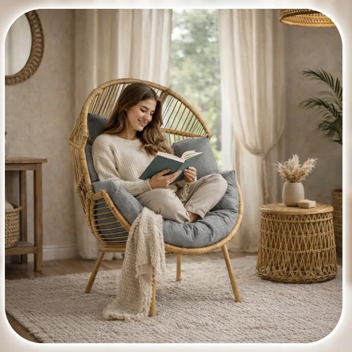 Kreslo CEZARE Boho Cocoon do obývačky, ratan, sivé