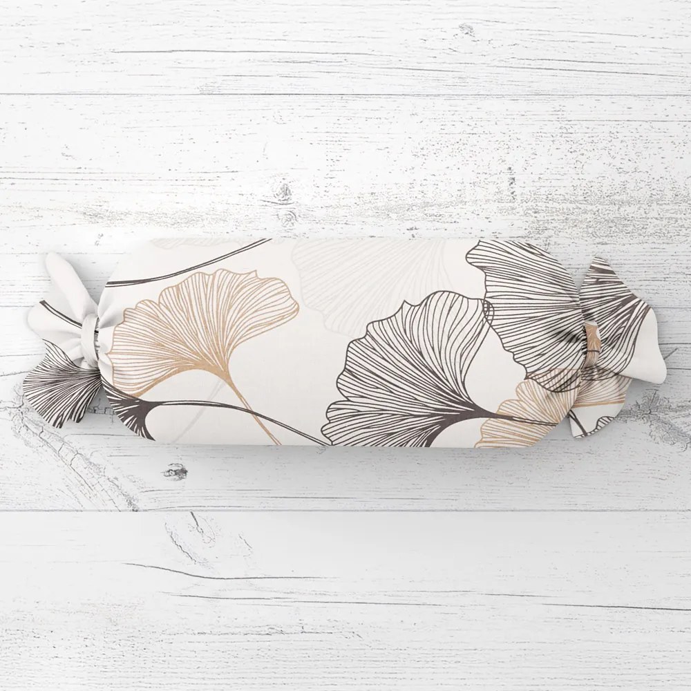 Biante Vankúš valec bonbon Sandra SA-411 Hnedé Ginkgo listy na bielom 15x80 cm