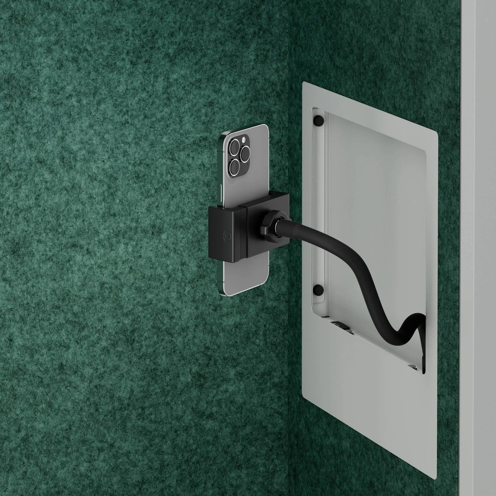 Kancelárska akustická kabína so sedadlom a portom USB-C, telo v sivá farbe / sedadlo v zelenej farbe, 600 mm: SALLY MentalBox