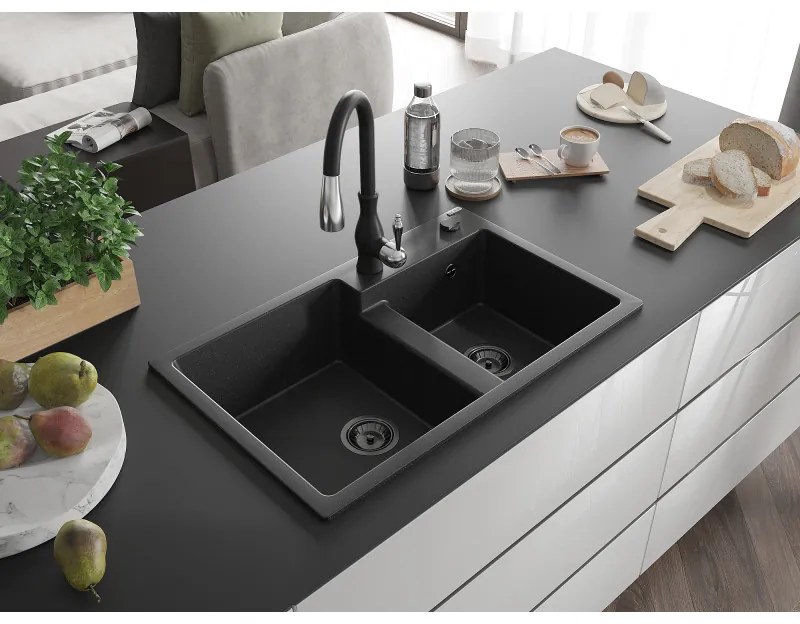 Mexen Tomas, granitový drez 800x500x190 mm, 2-komorový a drezová batéria Savita, čierna-strieborná metalíza, 6516-73-672601-70-B