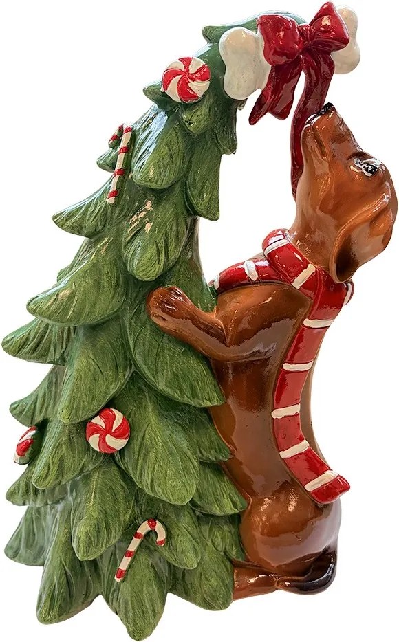 Vianočné dekorácie figúrka psa jazvečík pri stromčeku – 23*16*32 cm