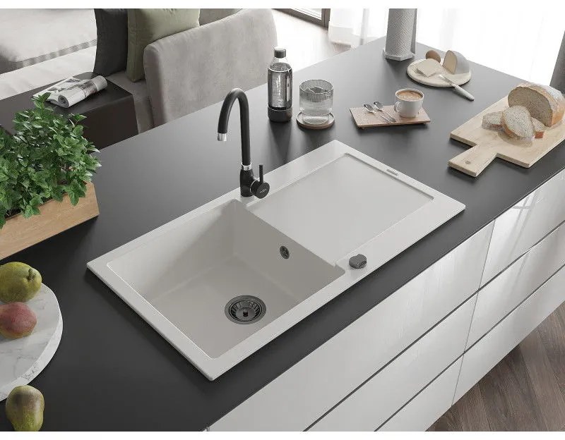 Mexen Leo, drez granitový 900x500x190 mm, 1-komorový a čierna batéria Telma, biela, 6501-20-670200-70