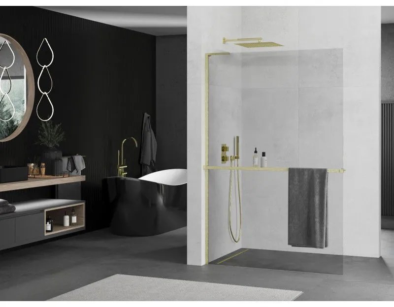 Mexen Kioto+ L, sprchová zástena Walk-In s poličkou a vešiakom 65 x 200 cm, 8mm číre sklo, zlatý matný profil, 800-065-123-55-00