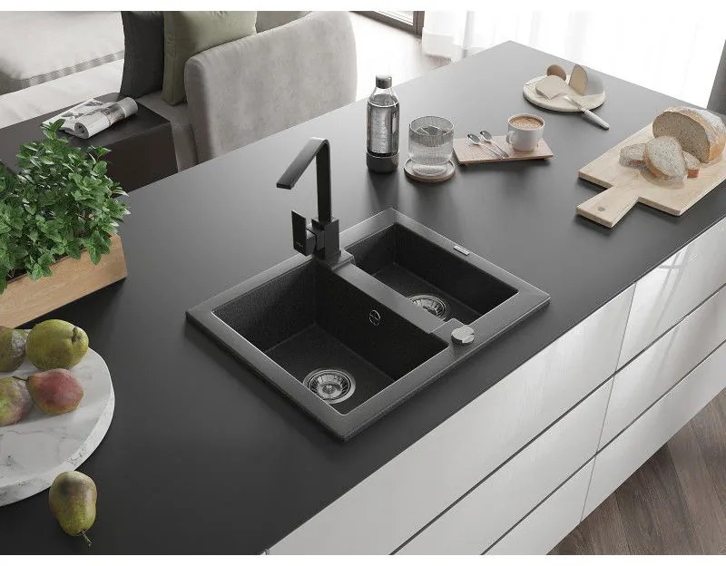 Mexen Carlos, 1,5-komorový granitový drez s odkvapkávačom 582x475x177 mm a čierna kuchynská batéria Rita, čierna škvrnitá, 6518-76-670300-70
