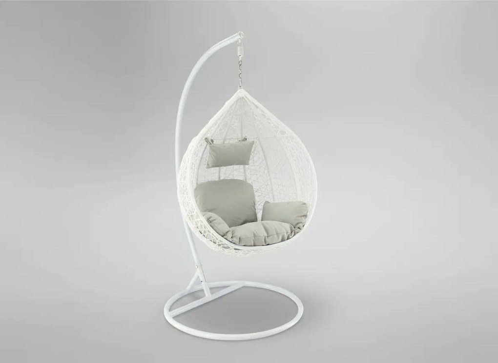 CH BIELA ZÁVESNÁ STOLIČKA, VANKÚŠ – ŠEDÝ, RÁM – BIELY 118X107XD68CM