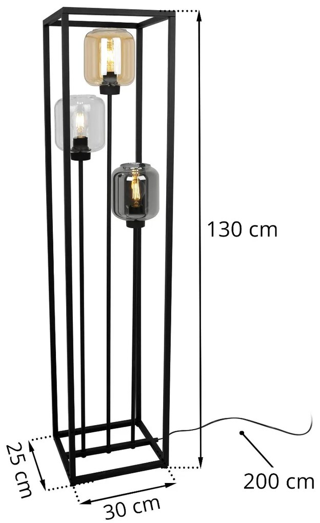 Stojacia lampa Novalja Cage, 3x sklenené tienidlo (mix 3 farieb) v kovovom ráme