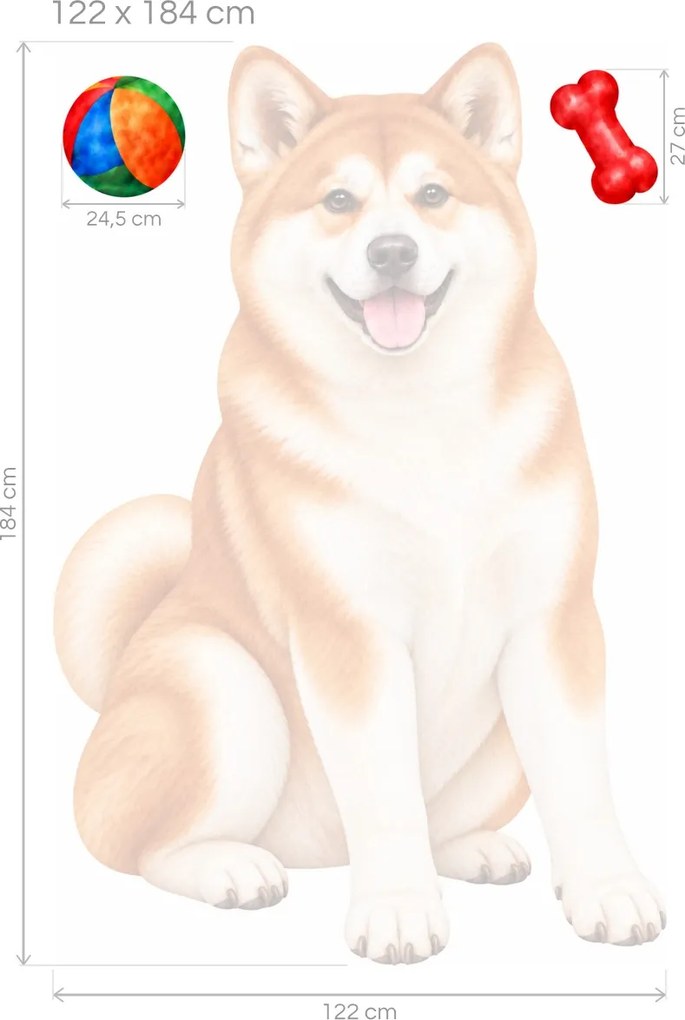Akita inu s loptičkou a kosťou maľované textilné nálepky na stenu arch 31 x 46 cm