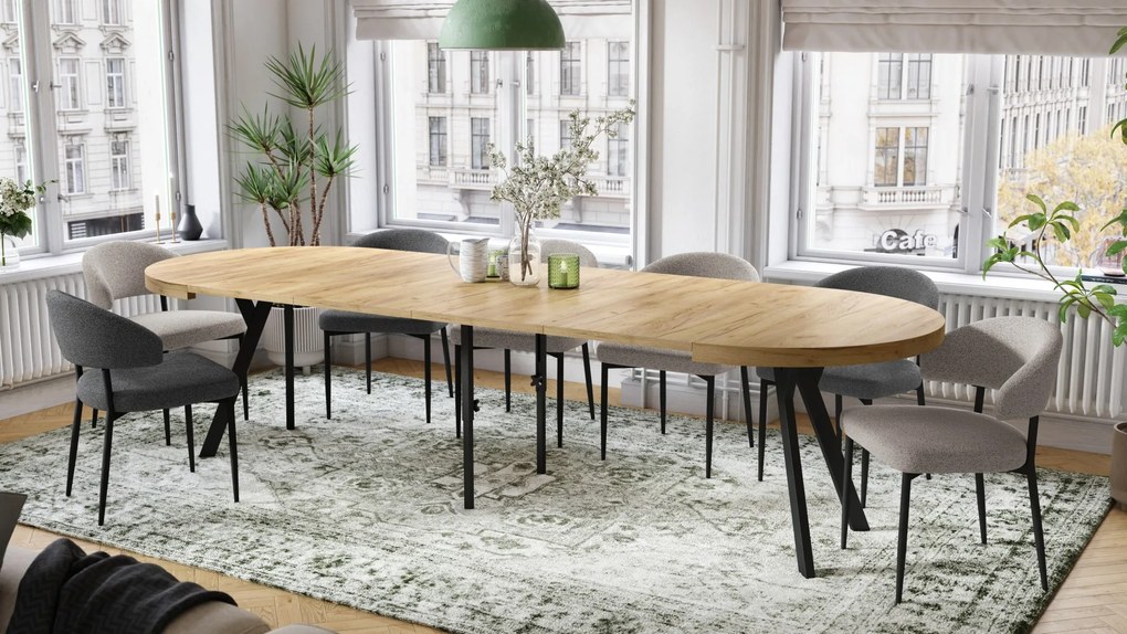 EXPANSO Dub Craft Zlatý / čierne nohy - VEĽKÝ OKRÚHLY STÔL Ø110 ROZKLADACÍ AŽ DO 310 cm S NOHAMI Y LOFTOVÝ / INDUSTRIÁLNY