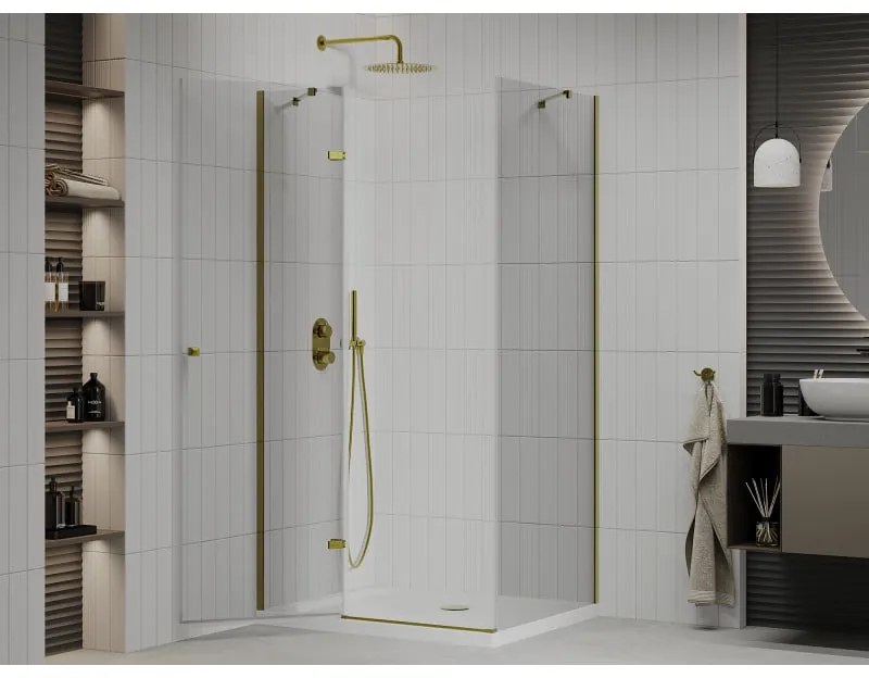 Mexen Roma, sprchovací kút 110 (dvere) x 80 (stena) cm, 6mm číre sklo, zlatý profil + slim sprchová vanička 5cm, 854-110-080-50-00-4010