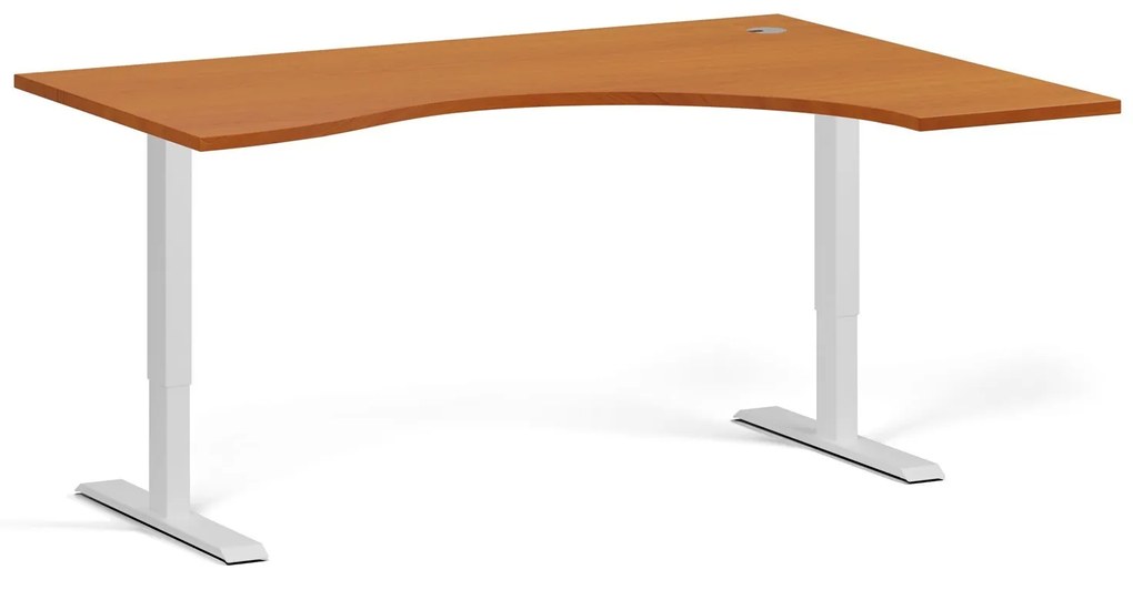 Ergonomický výškovo nastaviteľný stôl, 160x120 cm, 1 motor, L/P, biela podnož, čerešňa