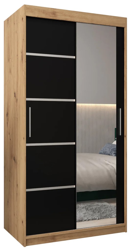 Šatníková skriňa 100 cm so zrkadlom Verika 2 100 (dub artisan + čierna). Akcia -41%. Vlastná spoľahlivá doprava až k Vám domov. 1063755
