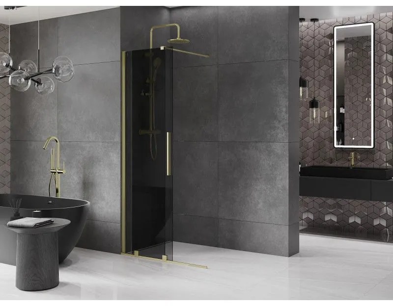 Mexen Velar, sprchová zástena s posuvnými dverami Walk-in 100 x 200 cm, 8mm šedé sklo, zlatá matná, 871-100-000-43-55