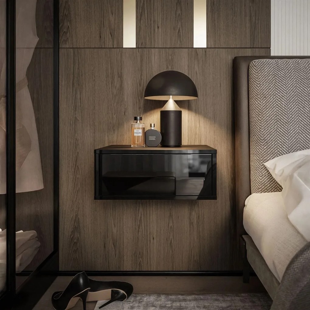 NOČNÝ STOLÍK EDWARD ČIERNY VYSOKÝ LESK ZÁVESNÝ