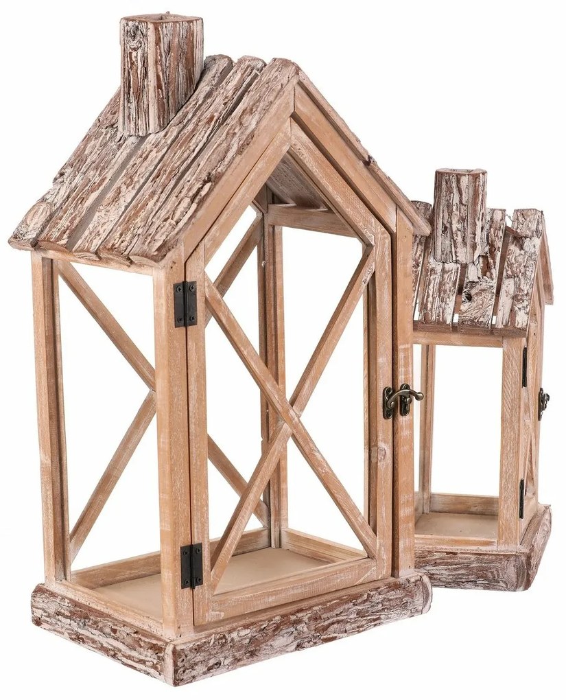 Súprava drevených lampášov v tvare domčeka, 2 ks