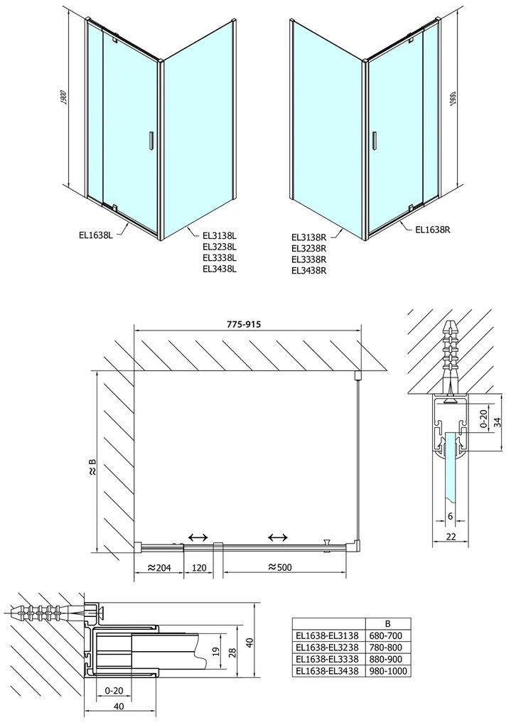 Polysan Polysan, Easy Line obdĺžniková sprchová zástena pivot dvere 800-900x700mm L/P varianta, sklo Brick, EL1638EL3138