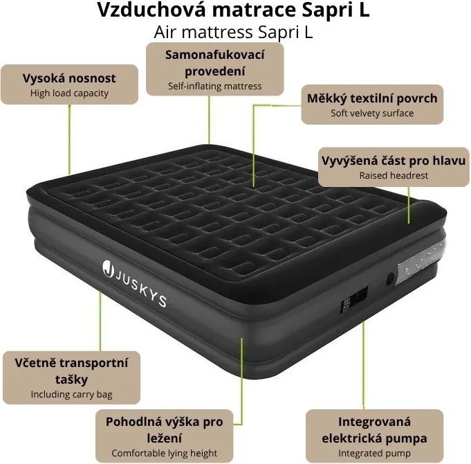 Nafukovacia matrac s pumpou, 197 x 154 x 45 cm, čierna