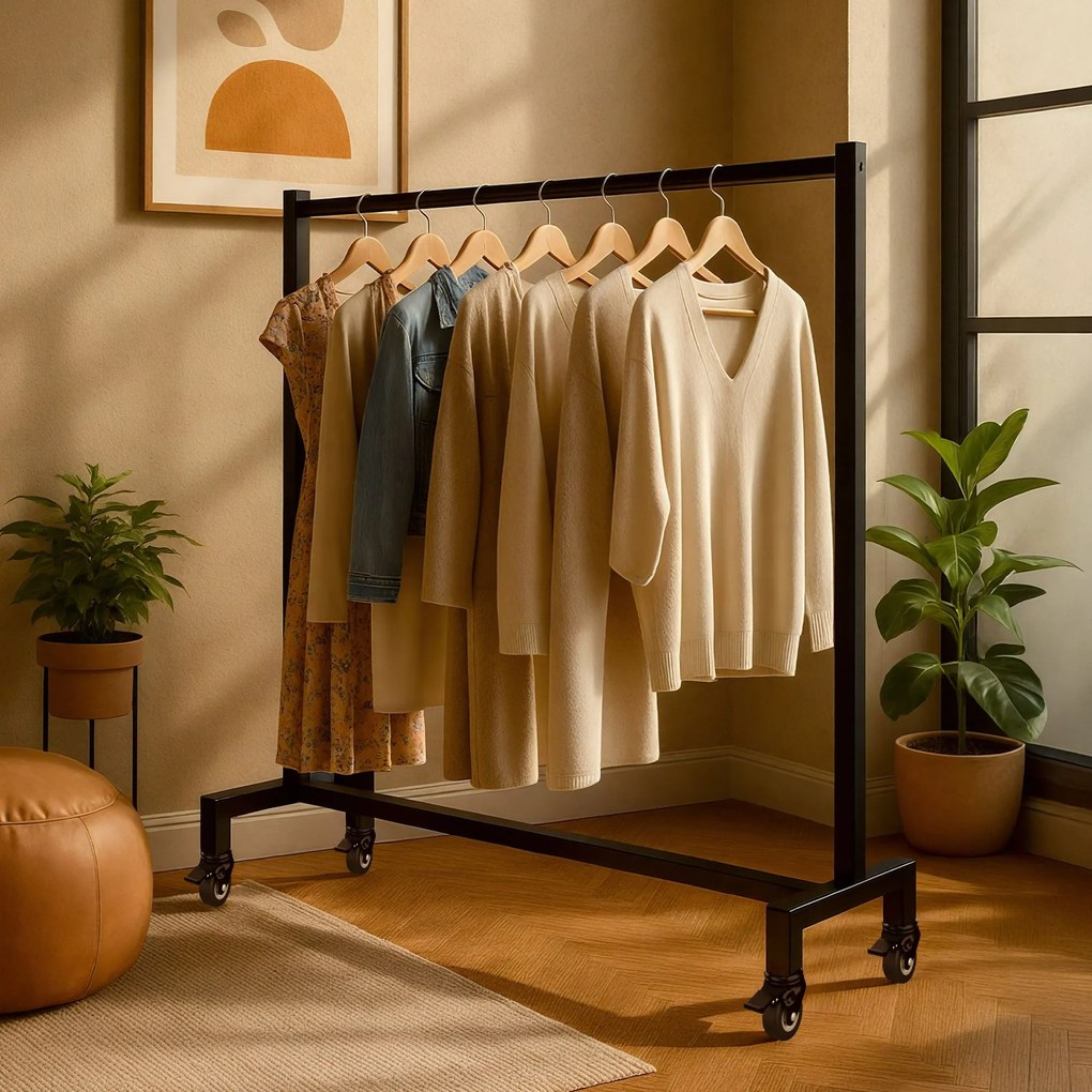 Vešiak s kolieskami na oblečenie Gisborne 120x38x120 - čierna