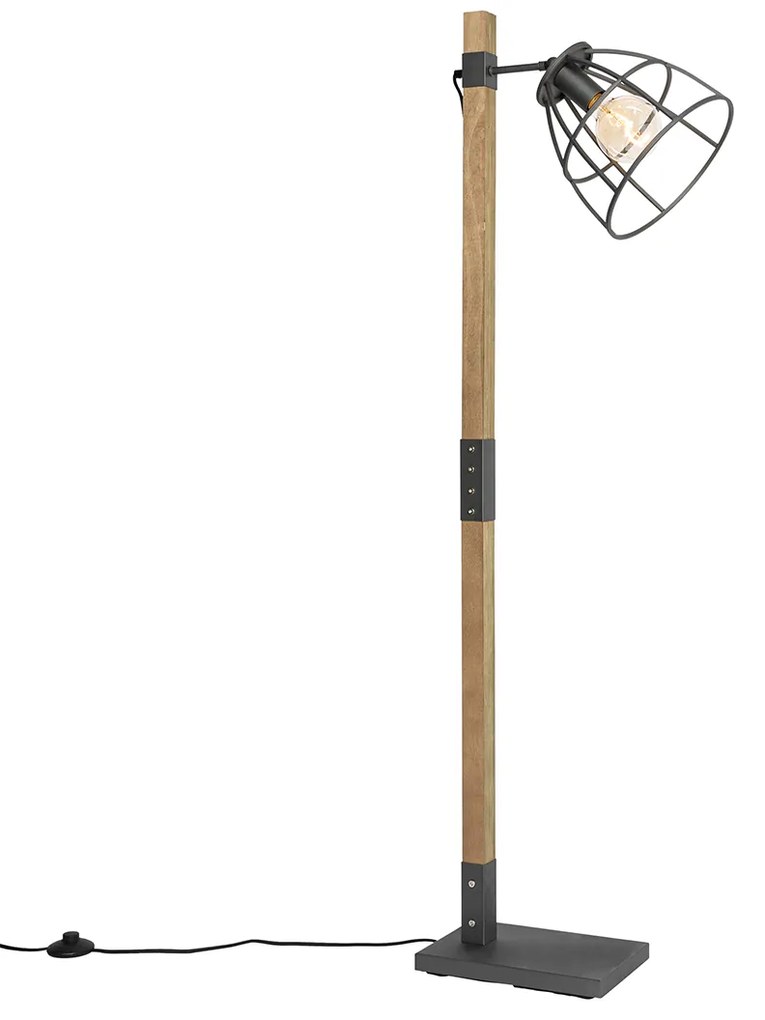 Priemyselná stojaca lampa tmavosivá s drevenými prvkami - Arthur