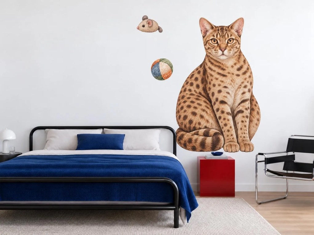 Mačka ocicat s loptičkou a myškou škvrnité mačacie nálepky na stenu do obývačky arch 30 x 46 cm
